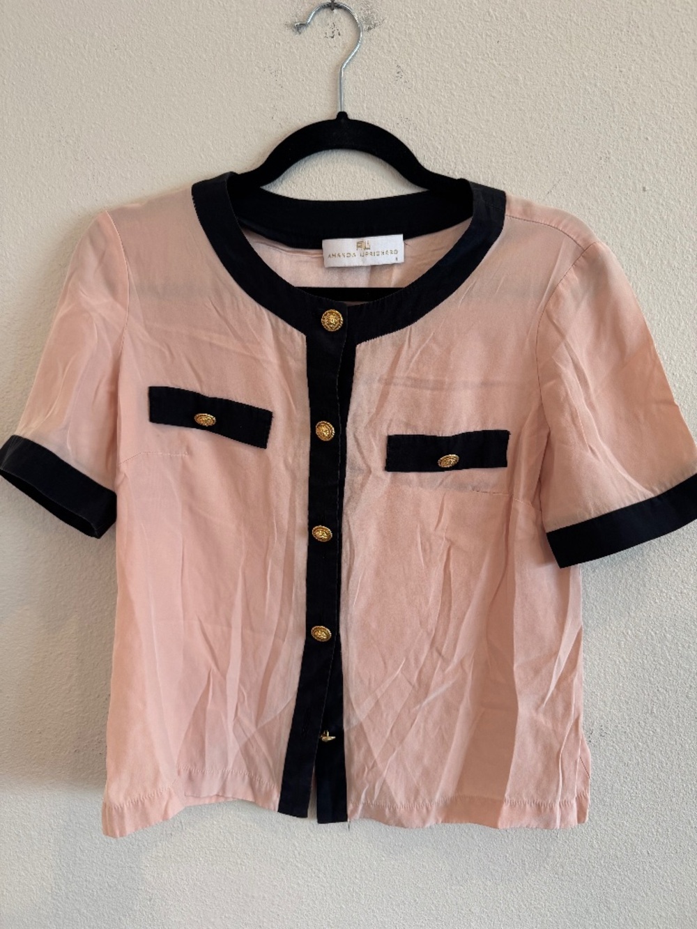 Amanda Uprichard Pink & Black Short Sleeve Button Down Top Size S
